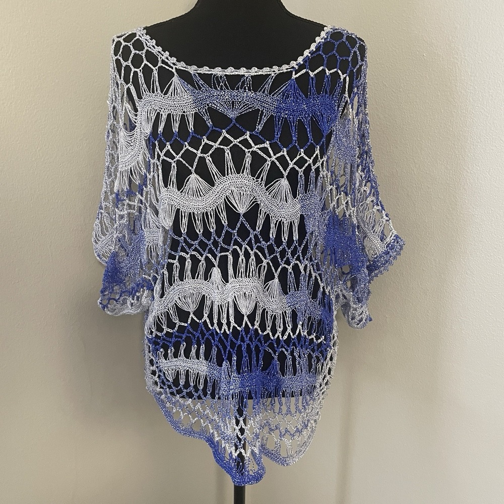 CHICOS‎ Womens Sz 1 (8/10/M) Blue Open Knit Crochet Top Festival Boho Beach